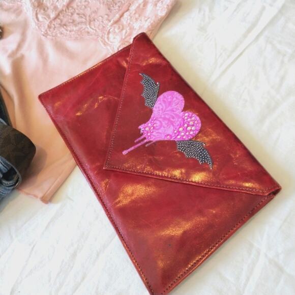 Patent Leather CLUTCH Envelope Bag RED Bleeding Heart Goth Moto Fairy Valentine - Picture 5 of 10